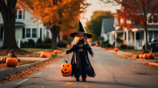 Bambina sveglia in costume da strega nera con secchio di zucca su Halloween