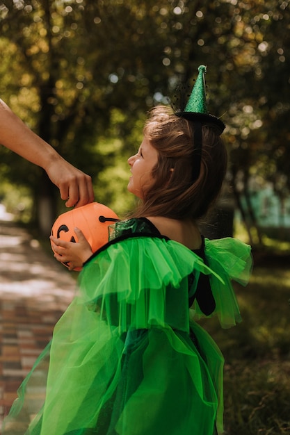 Bambina sveglia in un costume verde di Halloween di una strega o di una fata con un cesto di zucca per i dolci