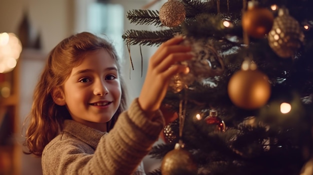 Bambina sveglia in vestito che decora l'albero di Natale