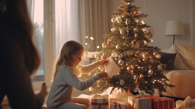 Bambina sveglia in vestito che decora l'albero di Natale