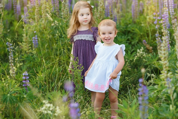 Bambine carine in abiti che camminano. I bambini giocano all'aperto