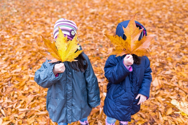 Bambine con una faccia nascosta con una foglia d&#39;acero in un parco d&#39;autunno