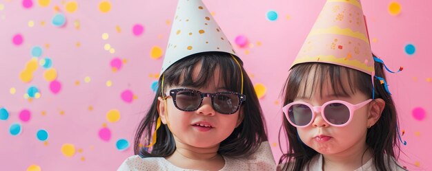 Bambine giapponesi con cappello da festa e occhiali da sole su sfondo rosa con confetti