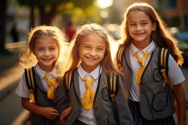 Bambine in uniforme scolastica che sorridono e ridono al ritratto scolastico