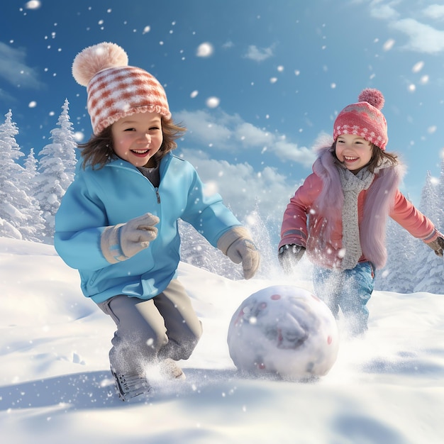 Bambini 3D renderizzati ultra realistici che giocano e si divertono nella neve