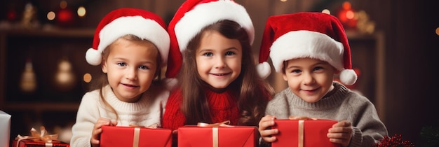 Bambini adorabili a casa che indossano cappelli di Babbo Natale e con scatole da regalo