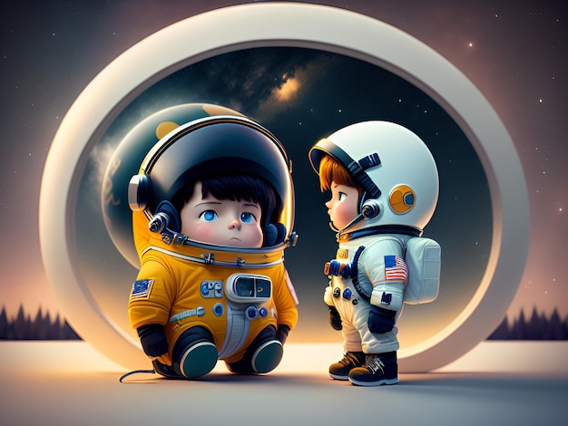 Bambini adorabili carini che indossano la tuta da astronauta sullo sfondo dello spazio