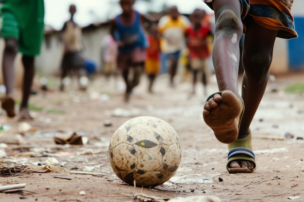 Bambini africani che giocano a calcio in una strada del villaggio
