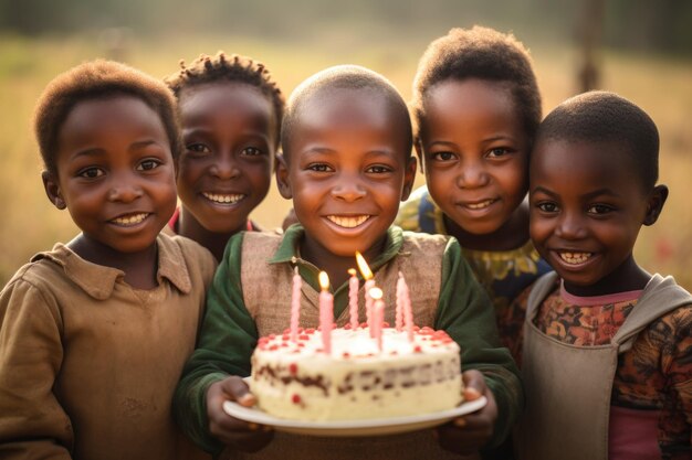 Bambini africani con in mano una torta di compleanno per festeggiare il buon compleanno