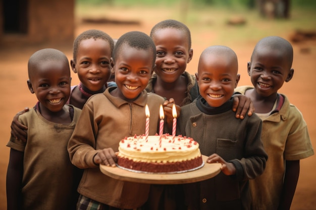 Bambini africani con in mano una torta di compleanno per festeggiare il buon compleanno