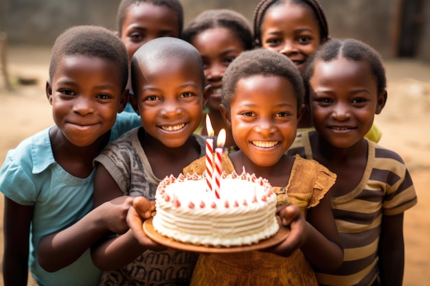 Bambini africani con in mano una torta di compleanno per festeggiare il buon compleanno