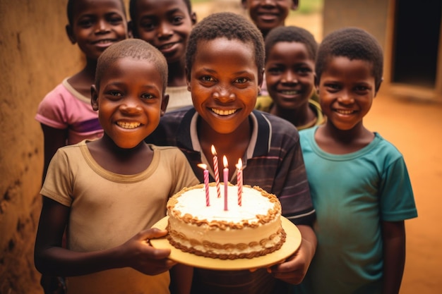 Bambini africani con in mano una torta di compleanno per festeggiare il buon compleanno