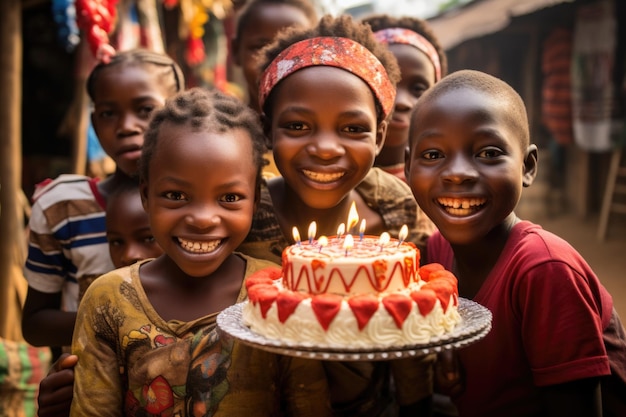 Bambini africani con in mano una torta di compleanno per festeggiare il buon compleanno