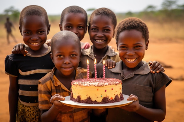 Bambini africani con in mano una torta di compleanno per festeggiare il buon compleanno