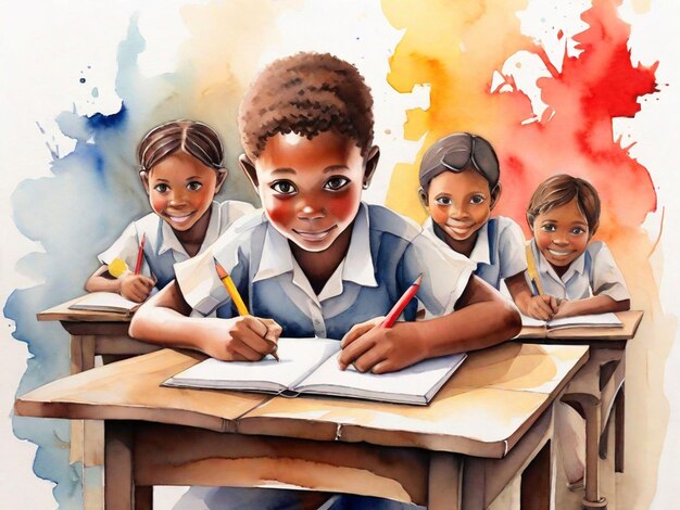 Bambini africani seduti ai banchi scolastici con la loro faccia sorridente in ritratto ad acquerello