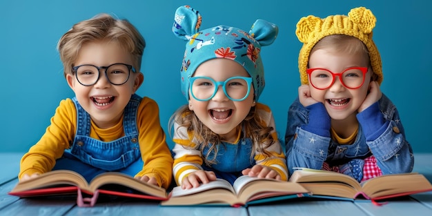 Bambini allegri che leggono libri indossando occhiali da costume divertenti Bambini che si godono la letteratura e usano l'immaginazione per giochi creativi