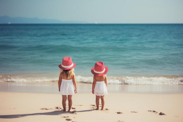 Bambini allegri con i cappelli che si godono una giornata di sole al mare con ampio spazio per il testo