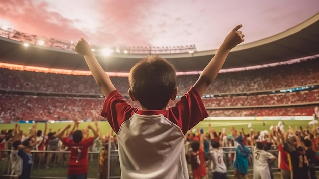 Bambini appassionati di calcio festeggiano la vittoria della squadra dalle tribune