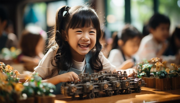 Bambini asiatici carini giocosi con i giocattoli educazione sugli studenti dell'asilo sorridono quando giocano a giocattoli