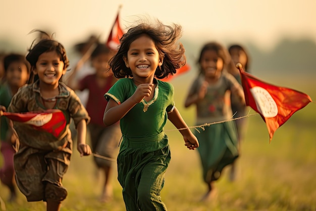 Bambini asiatici che corrono con la bandiera rossa
