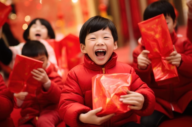 Bambini asiatici felici che tengono il contenitore di regalo rosso nel festival cinese del nuovo anno
