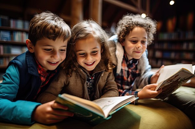 Bambini assorti nella lettura di vari libri che favoriscono l'amore per la letteratura e l'apprendimento in un ambiente accogliente