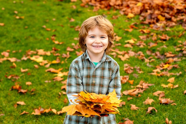 Bambini autunnali Bambino nel parco autunnale Bambino felice che lancia le foglie cadute giocando nel parco autunnale Bambini che camminano nel parco autunnale Ragazzo carino che gioca con le foglie d'acero all'aperto