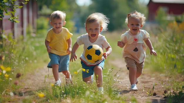 Bambini carini che giocano a calcio all'aperto