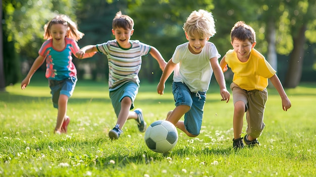 Bambini carini che giocano a calcio all'aperto