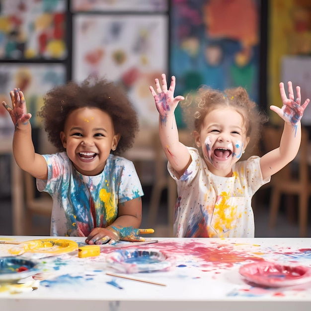 Bambini carini che ridono insieme e si divertono con le vernici Dipinto con le mani in pelle Ritratto di bambino