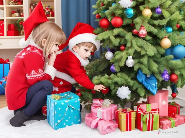 Bambini carini, felici ed emozionati Bambini che aprono i regali di Natale Albero di Natale decorato AI Genera