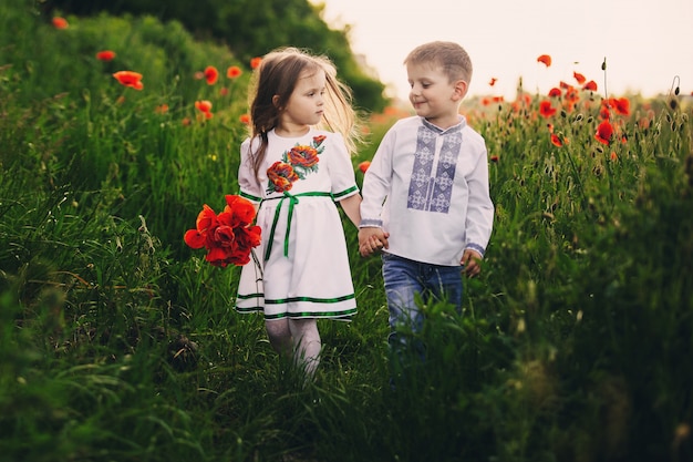 Bambini carini in un campo di fiori di campo rossi