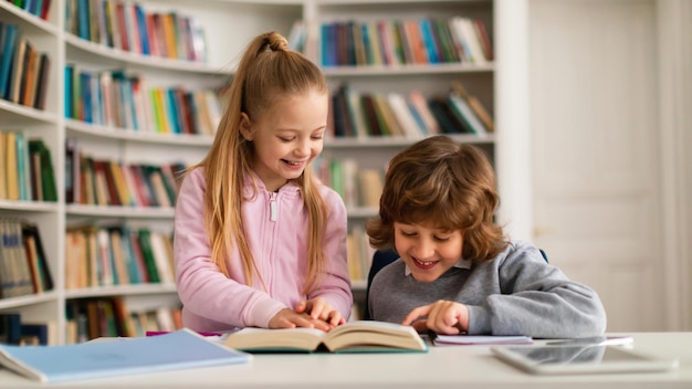 Bambini caucasici felici della scuola primaria che leggono libro insieme nella biblioteca scolastica seduti al tavolo e sorridente panorama