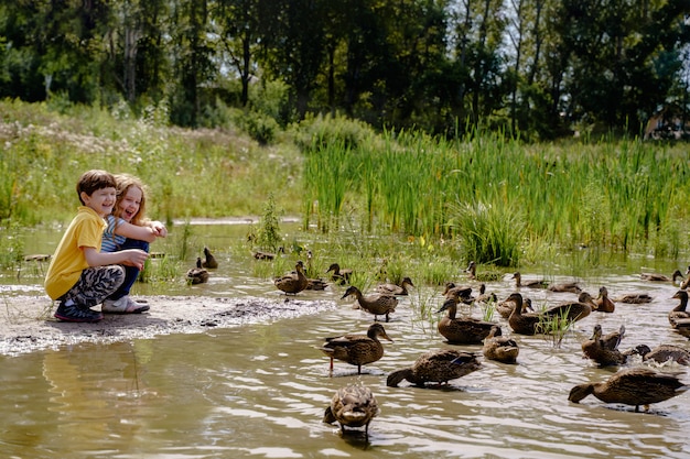 Bambini che alimentano le anatre sul lago abbandonato.