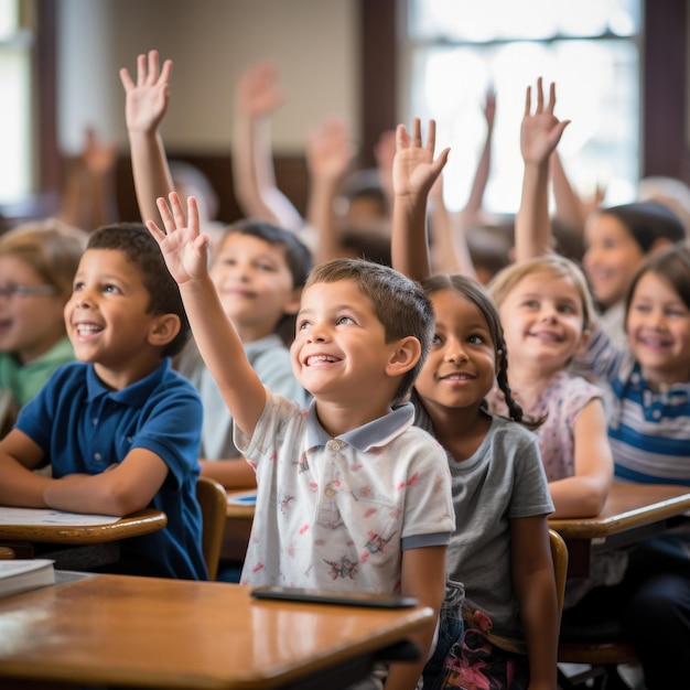 bambini che alzano le mani in classe