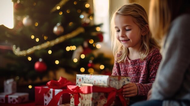 Bambini che aprono i regali vicino all'albero di Natale la mattina di Natale