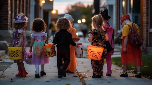 Bambini che camminano lungo un marciapiede con una borsa di Halloween con su scritto Halloween.