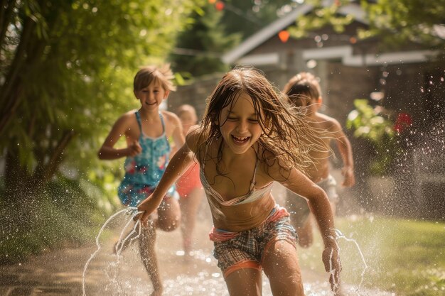 Bambini che corrono attraverso gli sprinkler nel cortile sul retro