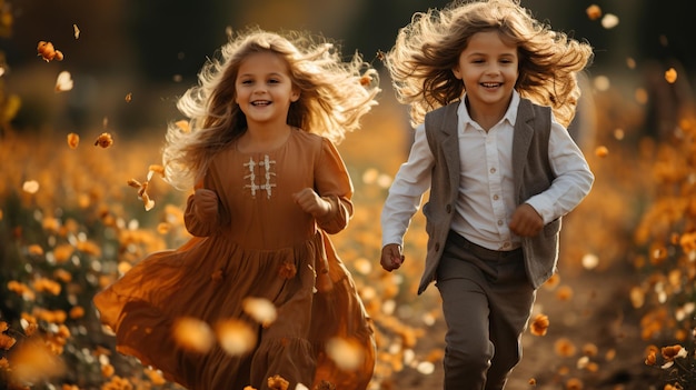 Bambini che corrono attraverso i boschi in autunno