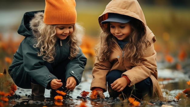 Bambini che corrono attraverso i boschi in autunno