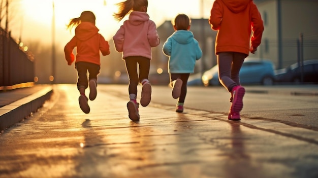 Bambini che corrono bambini che corrono in una gara che corre su una strada cittadina con dettagli dell'intelligenza artificiale generativa delle gambe