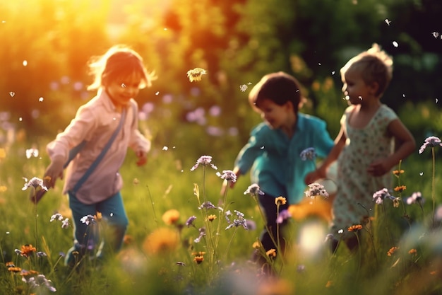 Bambini che corrono e giocano in un prato pieno di fiori Giornata dei bambini