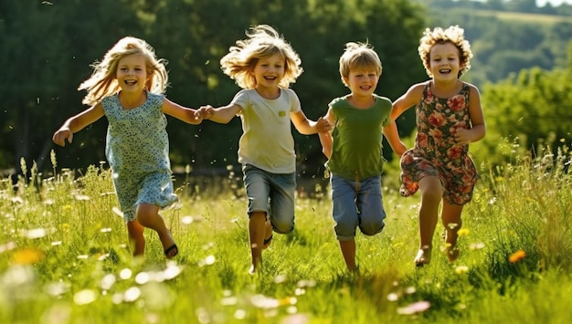 Bambini che corrono in un campo di fiori