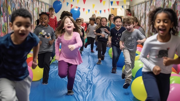 Bambini che corrono su un tappeto blu con sopra dei palloncini