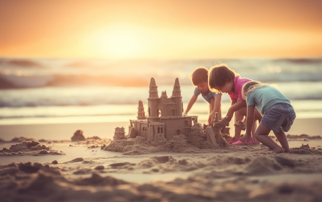 Bambini che costruiscono castelli di sabbia spiaggia pacifica