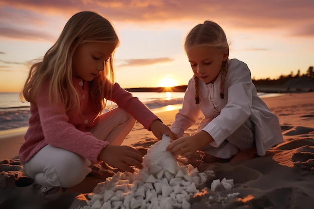 Bambini che costruiscono un castello di sabbia mentre il sole tramonta sotto l'orizzonte