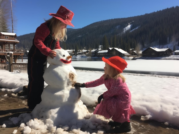 Bambini che costruiscono un pupazzo di neve in inverno