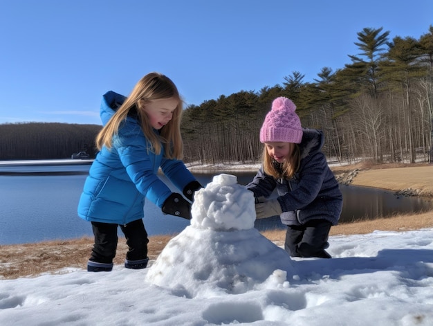 Bambini che costruiscono un pupazzo di neve in inverno