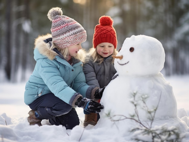 Bambini che costruiscono un pupazzo di neve in inverno