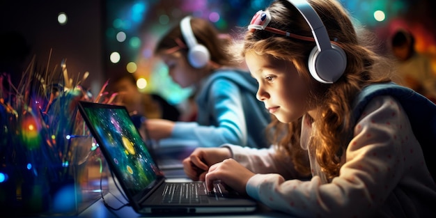 bambini che creano arte digitale sui computer concetto di nativi digitali AI generativo